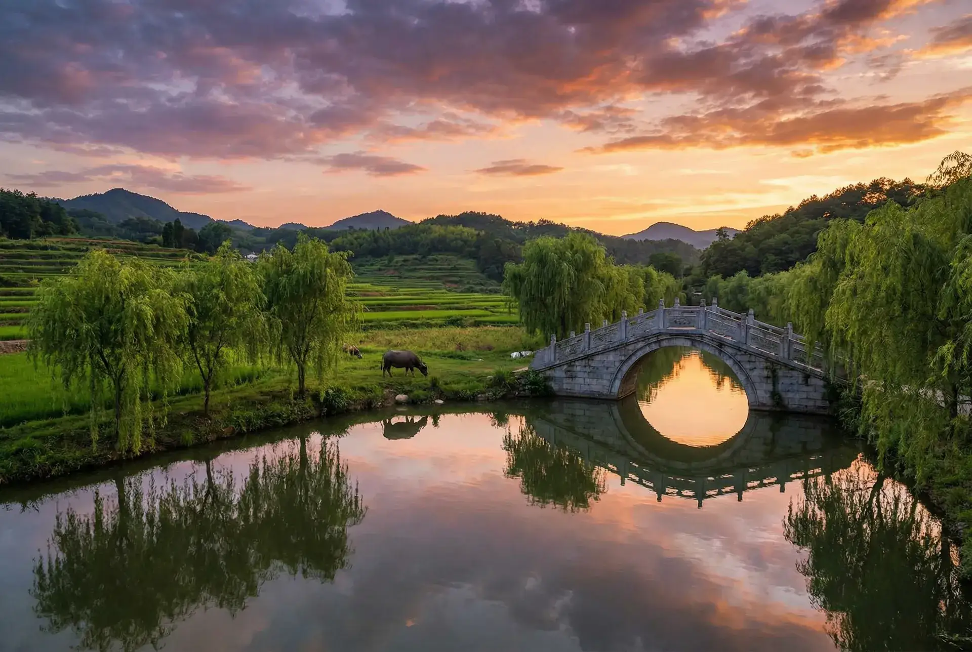 夕阳下的石拱桥与垂柳，水牛在河边吃草 - 借枪电视剧在线观看 乡村美景